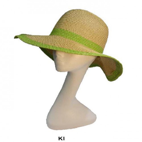 Wide Brim Paper Straw Hat w/ Color Band & Trim - Kiwi - HT-6039KI